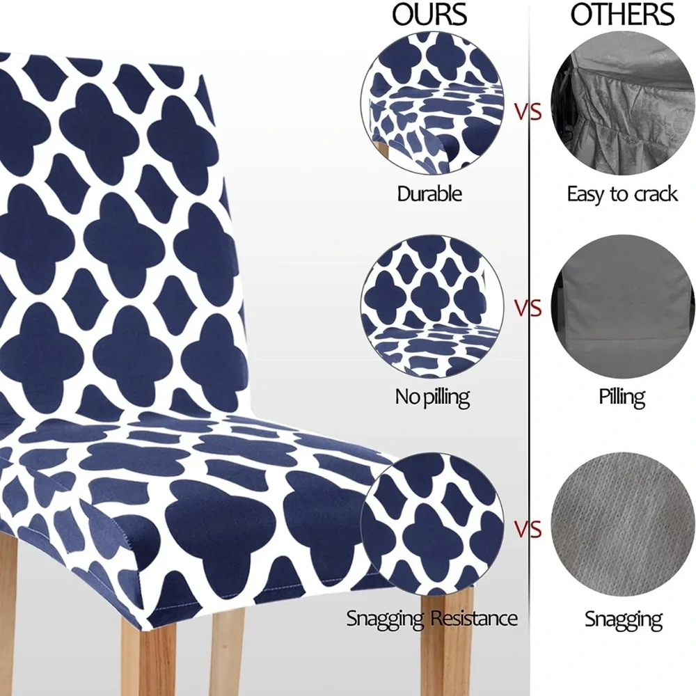 6 chair covers, white and blue with designs.